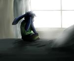  2017 anthro bambifawnluv bed black_fur clothed clothing depression fully_clothed fur green_shirt lagomorph male mammal pants rabbit robin_(bambifawnluv) shirt sitting tank_top window 