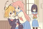  :d alternate_hairstyle black_hair blonde_hair blush blush_stickers cardigan commentary_request flip_flappers flower flying_sweatdrops frown hair_down hair_ornament hair_ribbon hair_undone hairclip holding holding_ribbon hug jealous kokomine_cocona multiple_girls neckerchief niina_ryou no_eyes open_cardigan open_clothes open_mouth orange_hair pantyhose papika_(flip_flappers) pleated_skirt purple_eyes ribbon school_uniform serafuku shaded_face skirt smile vase window yayaka 