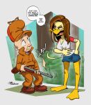 anatid anseriform anthro avian biped bird bottomwear breasts brown_clothing clothed clothing detailed_background dialogue duck elmer_fudd eyelashes female gun hat headgear headwear hi_res holding_gun holding_object holding_ranged_weapon holding_weapon human joaoppereiraus larger_female looney_tunes male mammal outside pupils ranged_weapon shirt size_difference skirt smaller_male speech_bubble text the_looney_tunes_show thick_thighs tina_russo topwear warner_brothers weapon