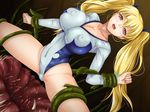  00s 1girl bare_legs black_lilith blonde_hair bondage breasts cohagen_nanaho creature curvy female game_cg hair_ornament hair_ribbon huge_breasts leotard long_hair monster nipples raikou_no_taimashi_nanaho_injin_fukkatsu ribbon shiny_skin spread_legs tentacle thong_leotard twintails zundarepon 