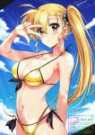  1girl adversarial_noise bikini blonde_hair blue_sky blush breasts cloud commentary_request cowboy_shot front-tie_bikini_top front-tie_top gold_bikini green_eyes heterochromia large_breasts long_hair lyrical_nanoha mahou_shoujo_lyrical_nanoha_vivid multi-strapped_bikini_bottom navel parted_lips red_eyes san-pon side_ponytail sky solo string_bikini swimsuit vivio w w_over_eye watermark wet 
