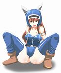  armlet armor ass bare_shoulders belt black_panties blush breasts brown_eyes brown_hair daisy_(dq) dragon_quest dragon_quest_yuusha_abel_densetsu freedom_nakai helmet horned_helmet long_hair looking_at_viewer panties simple_background solo underwear 