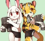  anthro breasts bulge cleavage clothed clothing cub duo feline female front_view holding_object lagomorph male mammal modelling navel rabbit raier smile tiger topless underwear underwear_in_mouth unrealplace young 