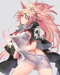  &gt;:( alternate_costume amputee ass_visible_through_thighs backless_dress backless_outfit baiken bare_back big_hair blush breasts closed_mouth commentary_request cowboy_shot dress eyepatch facial_mark frown guilty_gear guilty_gear_xrd jacket_on_shoulders long_hair looking_at_viewer medium_breasts meme_attire oro_(sumakaita) red_eyes ribbed_sweater scar scar_across_eye sideboob solo sweater sweater_dress v-shaped_eyebrows very_long_hair virgin_killer_sweater 