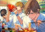  3boys bandaged_hand bandages black_hair blush brown_hair char-siu character_request check_copyright chopsticks closed_mouth copyright_request cup drinking_glass eating food highres holding holding_chopsticks male_focus multiple_boys noodles ramen ro-a shirt short_hair sitting tennis_no_ouji-sama watermark white_shirt wristband 