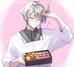  1boy adjusting_hair apron asymmetrical_bangs bento black_shirt blush chopsticks closed_eyes closed_mouth collared_shirt commentary_request earrings facing_viewer grey_hair headscarf highres hitomyan holding holding_bento holding_chopsticks jewelry kaida_haru kaida_haru_(1st_costume) kappougi male_focus nijisanji shirt short_hair solo sweat upper_body virtual_youtuber white_headscarf 