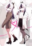  1girl absurdres alternate_costume alternate_hairstyle arm_behind_back black_hair black_horns black_pantyhose black_skirt blue_archive blush boots braid bright_pupils brown_socks brown_sweater buttons casual closed_mouth coat commentary_request demon_girl demon_horns demon_wings double-breasted ear_piercing frown full_body gradient_hair half_updo hand_up heart heart_of_string high-waist_skirt high_heel_boots high_heels highres horns kayoko_(blue_archive) kisaka long_hair low_twin_braids low_wings multicolored_hair multiple_views open_clothes open_coat pantyhose piercing playing_with_own_hair red_eyes simple_background single_wing skirt sleeves_past_wrists slit_pupils socks standing standing_on_one_leg sweater turtleneck turtleneck_sweater twin_braids two-tone_hair white_background white_boots white_coat white_hair white_pupils white_sweater wings 