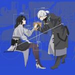  1girl 1other animal_ears arknights bags_under_eyes belt black_hair black_hairband black_pantyhose black_shirt black_skirt bowing boya_666666 circle closed_mouth coat commentary_request couple doctor_(arknights) exhausted gloves grey_eyes grey_jacket grey_pants hairband hand_grab hand_on_another's_hand hand_on_own_thigh high_heels hood hood_down hooded_jacket jacket leaning_forward long_hair long_sleeves looking_at_another medium_hair messy_hair pants pantyhose ponytail priestess_(arknights) purple_eyes shirt sitting skirt smile solo square sweater turtleneck white_coat white_hair white_sweater 
