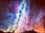  2others absurdres ambiguous_gender commentary_request highres milky_way multicolored_sky multiple_others night original outdoors painting_(medium) scenery silhouette sky sky_focus star_(sky) starry_sky toyonaga_ryouhei traditional_media very_wide_shot watercolor_(medium) 