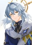  1boy absurdres closed_mouth commentary_request earrings grey_hair hair_between_eyes halo halo_behind_head head_wings highres honkai:_star_rail honkai_(series) jewelry long_hair looking_at_viewer male_focus okkobc shirt solo sunday_(honkai:_star_rail) white_background wings yellow_eyes 