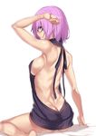  arm_up armpits ass backless_outfit bare_back bare_shoulders breasts butt_crack deras fate/grand_order fate_(series) glasses mash_kyrielight medium_breasts meme_attire purple_eyes purple_hair short_hair simple_background sitting solo thighs virgin_killer_sweater wariza white_background 