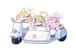  >_< 3girls :d alternate_costume animal_costume animal_ears black_neckerchief blonde_hair blue_archive blue_bow blue_bowtie blush booth_seating bow bowtie chibi chibi_only closed_eyes coffee commentary_request cup disposable_coffee_cup disposable_cup drink driving ekoru fake_animal_ears flower fox_tail hair_flower hair_ornament halo helmet holding holding_cup holding_drink horns looking_at_another motor_vehicle motorcycle motorcycle_helmet multiple_girls neckerchief o_o on_motorcycle pink_hair pink_halo purple_bow purple_bowtie round_eyewear scooter seatbelt sheep_ears sheep_horns sidecar sidelocks simple_background sitting smile tail tea_party_(blue_archive) vespa white_background 