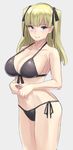  bikini black_bikini blonde_hair blue_eyes breasts cleavage cowboy_shot grey_background hair_ribbon halterneck large_breasts light_smile long_hair looking_at_viewer michihasu original ribbon side-tie_bikini simple_background solo swimsuit two_side_up 