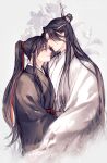  2boys aki_uzuzame bishounen black_hair black_hanfu chinese_clothes closed_eyes closed_mouth commentary_request couple floral_background flower from_side grass grey_background hair_ribbon hanfu headband height_difference high_ponytail highres hug imminent_kiss lan_wangji light_particles long_hair long_sleeves male_focus modao_zushi multiple_boys ponytail profile red_ribbon red_sash ribbon robe sash sidelocks simple_background smile topknot upper_body very_long_hair wei_wuxian white_hanfu white_headband white_sash wide_sleeves xiao_guan_(headdress) yaoi 