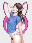  arm_behind_head artist_name asian blue_shirt breasts brown_eyes brown_hair bubble_blowing casual character_name chewing_gum covered_nipples cowboy_shot d.va_(overwatch) emanuel_mendez emblem facepaint facial_mark from_side headphones long_hair looking_at_viewer looking_to_the_side no_pants overwatch panties parted_lips shirt short_sleeves signature simple_background small_breasts solo t-shirt underwear whisker_markings white_background 