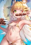 1girl :3 akuma_(st.takuma) animal_ears animal_print armpits bikini blonde_hair blush colored_inner_hair commentary_request eating flat_chest food green_eyes highres holding holding_food ju_fufu long_hair meat multicolored_hair navel one_eye_closed print_bikini smile solo sparkling_eyes stomach striped_fur striped_hair swimsuit tail thigh_strap tiger_ears tiger_girl tiger_print tiger_stripes tiger_tail white_hair zenless_zone_zero 