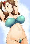  1girl arms_up bikini breasts brown_eyes brown_hair gundam gundam_build_fighters gundam_build_fighters_try highres large_breasts matching_hair/eyes pussy_juice sazaki_kaoruko solo tomatto_(@ma!) twintails 