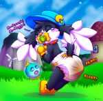 ageplay anthro bandai_namco blush bodily_fluids booties clothing collar detailed_background diaper feces furgonomics handwear hat headgear headwear hi_res huepow hybrid infantilism klonoa klonoa_(series) male mittens mountain object_in_mouth onomatopoeia pacifier pacifier_in_mouth rexam-1 roleplay soiling solo sound_effects squatting_pose tears text unclean_diaper used_diaper windmill