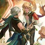  2boys absurdres alhaitham_(genshin_impact) aqua_hair artist_name black_gloves black_shirt blonde_hair cape closed_mouth commentary compression_shirt earrings eye_contact feather_hair_ornament feathers fingerless_gloves from_above genshin_impact gloves gold_earrings green_cape grey_hair hair_between_eyes hair_ornament highres holding_hands jewelry kaveh_(genshin_impact) looking_at_another male_focus multicolored_hair multiple_boys oyakorodesu pectoral_cleavage pectorals red_eyes shirt short_hair side_cape sleeveless sleeveless_shirt standing streaked_hair two-tone_hair white_shirt 