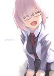  artist_name fate/grand_order fate_(series) glasses hair_over_one_eye mash_kyrielight necktie open_mouth purple_hair short_hair simple_background sitting smile solo white_background yuuzii 
