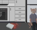 2023 against_furniture against_surface anthro appliance clothing demensa digital_media_(artwork) domestic_cat felid feline felis food fridge fur grey_clothing grey_shirt grey_topwear kitchen kitchen_appliance lasagna male mammal orange_body orange_fur pasta pixel_(artwork) sad shirt solo stove topwear