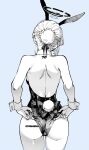  1girl adjusting_clothes adjusting_leotard animal_ears ass back backboob backless_leotard ben-day_dots blue_archive blue_background braid breasts bun_with_braided_base commentary cowboy_shot dated_commentary detached_collar fake_animal_ears fake_tail from_behind greyscale_with_colored_background hair_bun halo highres leotard logo_tattoo median_furrow millennium_science_school_logo official_alternate_costume otimusyairoha playboy_bunny rabbit_ears rabbit_tail screentones solo strapless strapless_leotard tail toki_(blue_archive) toki_(bunny)_(blue_archive) wrist_cuffs 