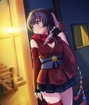  1girl asymmetrical_legwear black_gloves blue_sash blue_skirt breasts cleavage closed_mouth cowboy_shot detached_sleeves fingerless_gloves game_cg glint gloves green_eyes hair_ornament hair_ribbon hair_rings hairclip hand_up hiding holding holding_kunai holding_weapon japanese_clothes kimono kunai large_breasts looking_to_the_side medium_hair night ninja obi official_art pink_ribbon print_kimono purple_hair railing red_kimono red_sleeves ribbon rope sash shimenawa sidelocks single_hair_ring skirt sleeveless sleeveless_kimono solo stairs third-party_source toji_no_miko toji_no_miko:_kizamishi_issen_no_tomoshibi wall_lamp weapon wide_sleeves wooden_floor wooden_railing yanase_mai 