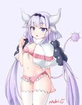  bangs beads blue_eyes blunt_bangs bra breasts capelet chocolate commentary_request dragon_girl frilled_panties frills fur_trim hair_beads hair_ornament hairband han_mao_ji_moki horns kanna_kamui kobayashi-san_chi_no_maidragon lingerie long_hair looking_at_viewer low_twintails older open_mouth panties silver_hair small_breasts solo thighhighs twintails underwear very_long_hair white_legwear 
