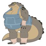 1:1 4_fingers 4_toes alpha_channel anthro belly big_breasts black_claws breasts claws cleavage clothed clothing crocodile crocodilian feet female fingers ginny_the_fat_bear green_eyes grey_body hi_res multicolored_body overalls overweight overweight_anthro overweight_female reptile scalie solo standing tail tan_teeth teeth toes