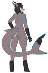  ambiguous_gender anthro black_hair blue_markings butt casual_nudity fish hair kitsunewaffles-chan looking_at_viewer looking_back marine markings nude pinup pose purple_eyes rear_view shark simple_background solo standing tasteful_nudity thick_tail 