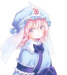  1girl blue_kimono bow bowtie closed_mouth frills hair_between_eyes hat highres japanese_clothes kimono long_sleeves looking_at_viewer medium_hair mob_cap pink_eyes pink_hair purple_bow purple_bowtie s-a-murai saigyouji_yuyuko smile solo touhou triangular_headpiece upper_body veil wavy_hair white_background 