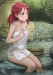  absurdres blush breasts bucket cleavage collarbone commentary highres looking_to_the_side love_live! love_live!_sunshine!! medium_breasts naked_towel onsen outdoors red_hair revision rock sakurauchi_riko short_hair sitting smile soaking_feet solo steam tied_hair towel tree water white_towel yellow_eyes yohan1754 