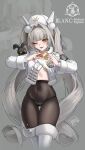  1girl ;) absurdres black_pantyhose blanc_(fortune_express)_(nikke) blanc_(nikke) boots breasts character_name coat commentary covered_navel fur-trimmed_boots fur_trim goddess_of_victory:_nikke grey_background grey_hair hair_intakes highres long_hair looking_at_viewer official_alternate_costume official_alternate_hairstyle one_eye_closed panties panties_under_pantyhose pantyhose sagle small_breasts smile solo twintails underwear very_long_hair white_boots white_coat white_panties winter_clothes winter_coat yellow_eyes zoom_layer 