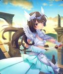  1girl aqua_skirt arch armor blue_gemstone blue_sky blunt_ends blush breastplate breasts brown_hair circlet cloud dot_nose drawing_sword feathered_wings from_behind game_cg gem gradient_sky greaves hip_armor holding holding_sword holding_weapon juujou_hiyori katana leg_armor long_hair long_skirt looking_at_viewer looking_back midriff morning mountainous_horizon official_art outdoors parted_lips red_eyes ruins sheath shoulder_armor skirt sky small_breasts solo sun sword third-party_source toji_no_miko toji_no_miko:_kizamishi_issen_no_tomoshibi uneven_footing unsheathing valkyrie water weapon white_wings winged_headwear wings yellow_sky 