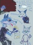 2023 anthro black_clothing black_shirt black_t-shirt black_topwear blue_body blue_fur canid canine canis clothed clothing coyote demensa dialogue domestic_dog eating emil_(demensa) english_text food fur grey_body grey_fur hi_res hungry hybrid male mammal sad shirt sketch smile solo suicidal_ideation t-shirt text topwear