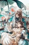  1boy 1girl absurdres aqua_coat black_shirt boat brown_hair chinese_clothes chinese_commentary closed_mouth coat commentary_request couple curtained_hair dappled_sunlight daxiushan day dress feet_out_of_frame flower flower_ornament folded_fan folding_fan gradient_clothes gradient_dress hair_flower hair_ornament hand_fan hands_up hanfu hetero highres holding holding_fan holding_leaf hua_yi_shanxin_zhiyue leaf leaf_umbrella long_hair long_sleeves looking_up lotus lotus_leaf lotus_pod nail_polish on_boat open_clothes open_coat orange_dress orange_nails outdoors parted_bangs pink_flower reclining robe shirt shuangyaji sideways_glance sitting sitting_on_lap sitting_on_person smile sunlight swept_bangs the_princess_(hua_yi_shanxin_zhiyue) wangulongdong watercraft white_dress white_hanfu white_robe wide_sleeves xiao_guan_(headdress) yellow_eyes yu_ze 