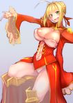  ahoge blonde_hair blush breasts center_opening cowboy_shot dress epaulettes fate/extra fate_(series) green_eyes hair_intakes highres kagami_uekusa large_breasts lock nero_claudius_(fate) nero_claudius_(fate)_(all) open_mouth padlock ponytail red_dress see-through skindentation smile solo standing standing_on_one_leg veil 
