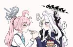  2girls ahoge black_halo black_horns blue_archive blue_halo blue_jacket blue_necktie cake closed_eyes closed_mouth collared_shirt commentary_request demon_girl demon_horns e_v_e_neko feeding flying_sweatdrops food from_side hair_ornament hairclip halo heart highres hina_(blue_archive) holding holding_spoon horns hoshino_(blue_archive) jacket long_hair long_sleeves multiple_girls necktie parallel_hairclips pink_hair ponytail puffy_long_sleeves puffy_sleeves purple_eyes shirt speech_bubble spoken_heart spoon thought_bubble translation_request upper_body white_hair white_shirt yuri 