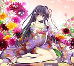  bangs barefoot blush breasts checkered checkered_floor cleavage closed_mouth commentary_request eyebrows_visible_through_hair floral_background floral_print flower frilled_kimono frills hair_between_eyes japanese_clothes kimono large_breasts long_hair looking_at_viewer nanaroba_hana original purple_eyes purple_hair purple_kimono sitting smile solo tareme thighs wide_sleeves yokozuwari 