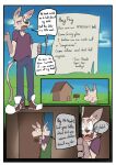 2025 animal_crossing anthro blush building clothed clothing colored comic dialogue digital_drawing_(artwork) digital_media_(artwork) english_text footwear fur grass hi_res homophobic_slur house letter male nervous nintendo opening_door outside plant ramsacked shirt shoes slim_anthro slim_male slur sneakers solo suggestive_dialogue t-shirt tail tan_body tan_fur text topwear