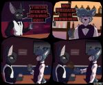  2025 4_panel_comic 5_fingers :< :3 ailurid alcohol annoyed anthro bar bartender bat beverage big_tail biped black_body black_clothing black_fur black_nose black_shirt black_topwear blank_stare blue_body blue_ears blue_fur bottle bow_tie button_(fastener) cain_(suitedwolfie) cheek_tuft city claws clothing coffee collared_shirt comic condescending container cup dialogue digital_drawing_(artwork) digital_media_(artwork) duo ear_piercing ears_up ellipsis empty_eyes english_text eye_contact eye_through_hair eyebrow_through_hair eyebrows eyelashes eyelashes_through_hair eyewear facial_tuft fangs fingers floor fluffy fluffy_hair fur furniture gesture glass glass_container glass_cup glasses gold_button_(fastener) gold_glasses hair head_tuft hi_res holding_beverage holding_object humanoid_hands humor iced_coffee inside lamp looking_at_another looking_at_viewer male male/male mammal markings menu narrowed_eyes neck_tuft necktie night painting_(object) piercing pink_ears pink_eyes pink_sclera pivoted_ears pointy_ears purple_bow_tie purple_clothing purple_suit question_mark raised_finger raised_pinky red_eyes red_panda reflection reid_(suitedwolfie) sad seat serving_beverage shelf shirt skyline smirking_at_another speech_bubble spilling_drink standing striped_markings stripes suit suitedwolfie table tail tail_down teeth text throwing_object topwear translucent translucent_hair tuft unimpressed upset wall_(structure) water watermark white_body white_clothing white_fur white_markings white_necktie white_sclera white_shirt white_suit white_topwear window wingless_bat 