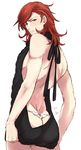  aran_sweater ass back backless_outfit bare_back black_sweater butt_crack cowboy_shot dress embarrassed granblue_fantasy halterneck heart lips long_hair looking_at_viewer looking_back male_focus meme_attire naked_sweater percival_(granblue_fantasy) red_eyes red_hair ribbed_sweater simple_background siwomi solo sweater sweater_dress thong turtleneck turtleneck_sweater virgin_killer_sweater 