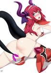  anus armor ass bikini bikini_armor black_legwear blue_eyes blush boots breasts censored commentary curled_horns dragon_tail dutch_angle elizabeth_bathory_(brave)_(fate) elizabeth_bathory_(fate)_(all) english_commentary eyebrows_visible_through_hair fate/grand_order fate_(series) from_behind hairband hews_hack high_heel_boots high_heels horns knee_boots long_hair loose_bikini lying masturbation mosaic_censoring nipple_slip nipples nose_blush on_stomach oversized_object pointy_ears pussy red_bikini red_footwear red_hair scales shiny shiny_skin shoulder_pads silver_trim simple_background small_breasts solo spread_legs swimsuit tail tail_insertion thighhighs tongue vaginal white_background 