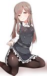  arashio_(kantai_collection) belt brown_hair dress dress_lift frilled_dress frills highres kantai_collection lifted_by_self long_hair looking_at_viewer mitsudoue pantyhose pinafore_dress pleated_dress remodel_(kantai_collection) school_uniform sitting smile solo 