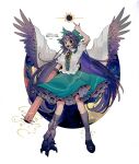  168namu3 1girl :d absurdres ahoge arm_cannon atom black_hair black_shoes black_sun bow breasts brown_hair cape claws collared_shirt control_rod_(touhou) feathered_wings frilled_shirt_collar frilled_skirt frills full_body green_bow green_skirt grey_socks grey_wings hair_bow highres long_hair looking_at_viewer medium_breasts open_mouth pointing pointing_up print_cape puffy_short_sleeves puffy_sleeves red_eyes reiuji_utsuho sharp_teeth shirt shoes short_sleeves simple_background single_shoe skirt smile socks solo star_(symbol) starry_sky_print sun teeth third_eye touhou translation_request two-sided_cape two-sided_fabric v-shaped_eyebrows very_long_hair weapon white_background white_cape white_shirt wings 