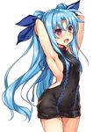  :d aran_sweater arched_back armpits arms_up backless_dress backless_outfit bangs black_sweater blue_hair blue_ribbon blush breasts brown_eyes commentary_request cowboy_shot dress eyebrows_visible_through_hair hair_ribbon halterneck highres levi_russel long_hair looking_at_viewer lyrical_nanoha mahou_shoujo_lyrical_nanoha_innocent material-l medium_breasts meme_attire naked_sweater open_mouth parted_bangs raiou ribbon sideboob simple_background smile solo standing sweater sweater_dress thighs turtleneck turtleneck_sweater twintails very_long_hair virgin_killer_sweater white_background 