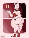 alcohol anthro beverage big_butt blue_eyes bow_tie butt camelid champagne champagne_glass clothing container cuff_links cup deadzgaia drinking_glass femboy footwear fur glass glass_container glass_cup hi_res high_heels huge_butt llama looking_back male mammal platter shoes smile solo standing white_body white_fur xavier_duhurst