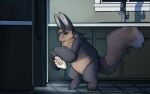 ambiguous_gender anthro appliance cheese cuddlebutt dairy_products dipstick_tail eating eating_food eyes_closed food fridge fur hair hi_res holding_object kitchen kitchen_appliance korwin markings night nude shredded_cheese smile solo tail tail_markings