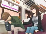  2boys arm_support barf_bag brown_eyes brown_hair chair commentary_request hand_on_another's_back jacket leaning_forward multiple_boys open_mouth original short_hair sweat train_interior train_station yajirushi_(chanoma) 