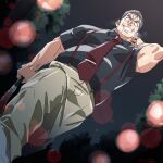  1boy baseball_bat belly black_shirt blood blood_on_weapon blood_splatter brown_pants crazy_eyes dress_shirt dutch_angle evil_grin evil_smile fat fat_man forked_eyebrows grey_hair grin highres higurashi_no_naku_koro_ni higurashi_no_naku_koro_ni_gou hima_(nichikan) holding holding_baseball_bat male_focus metal_baseball_bat muscular muscular_male necktie old old_man ooishi_kuraudo pants red_necktie scratching_neck shirt short_hair smile solo steam_from_mouth suspenders thick_eyebrows tie_clip v-shaped_eyebrows watch weapon wristwatch 